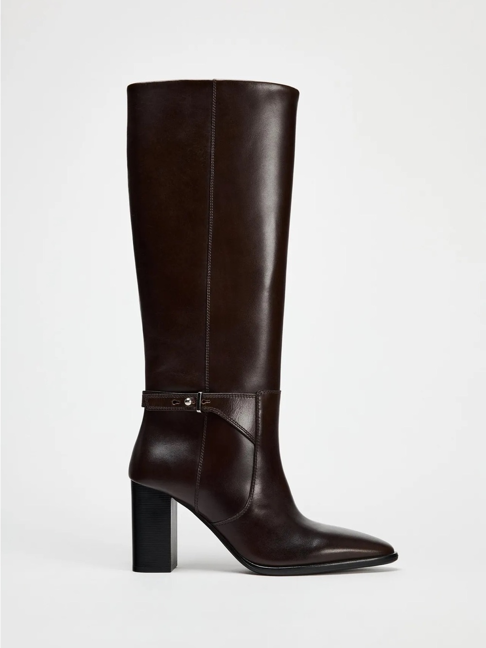 Zara Brown Leather Buckled High Heel Boots Size 8
